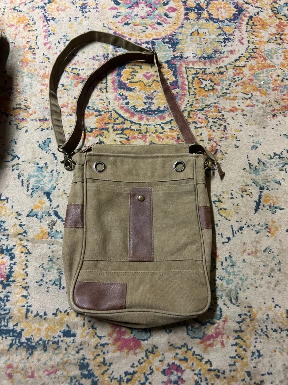 Canvas Crossbody‎ Messenger Bag - Olive with Brown Accents